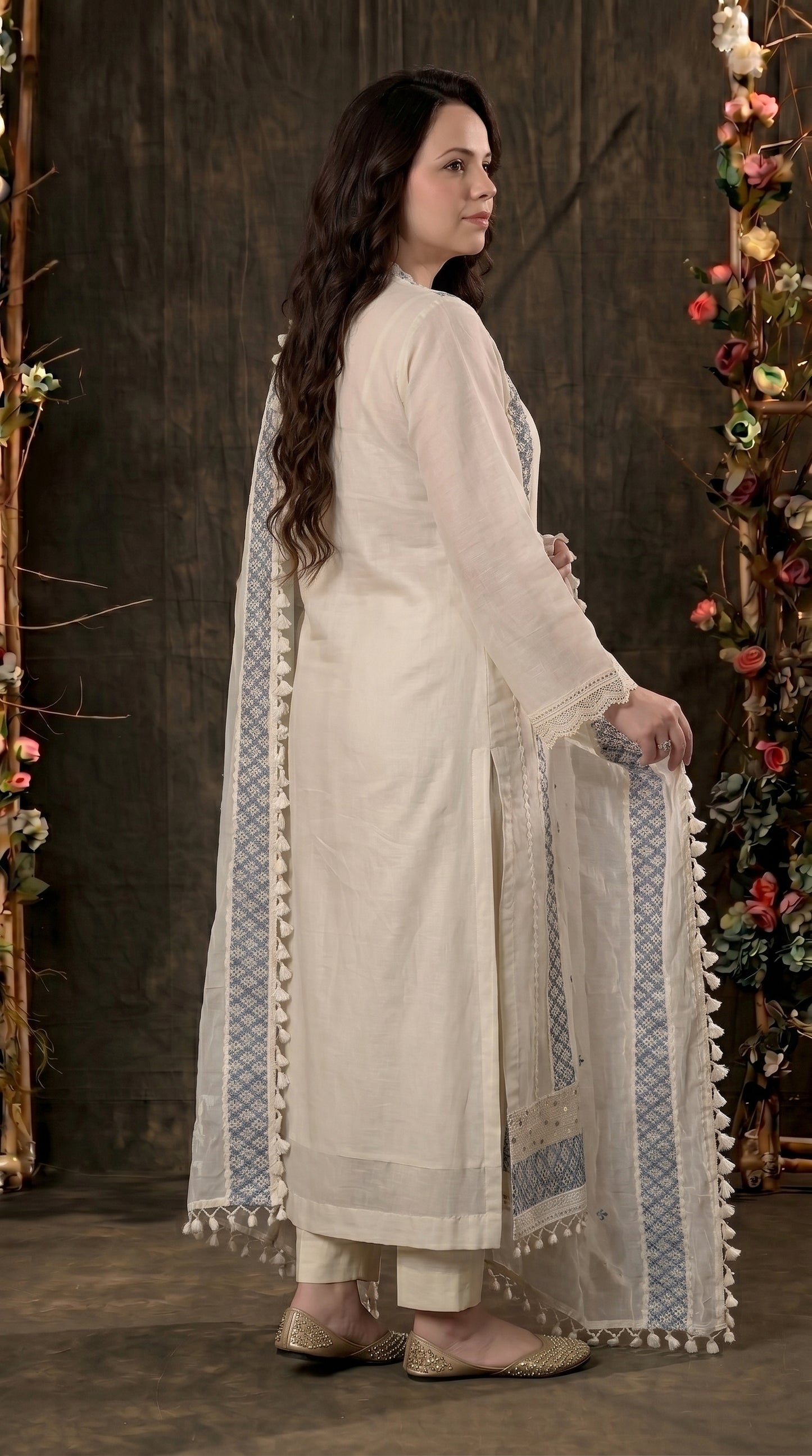 Soft Ivory Floral Pakistani Mull Cotton Suit with Blue Embroidery