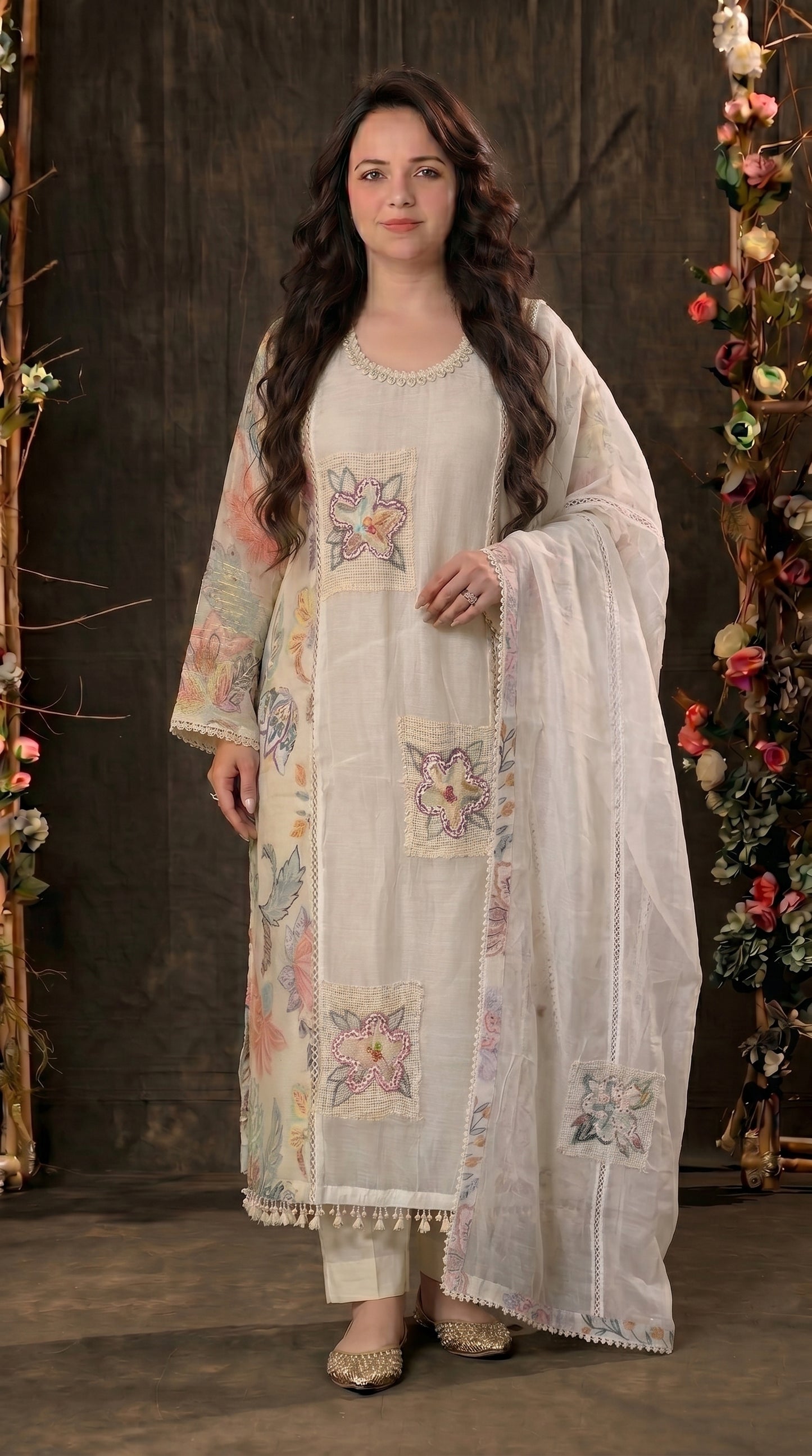 Luxury Ivory Designer Mull Cotton Suit with Floral Printed Dupatta