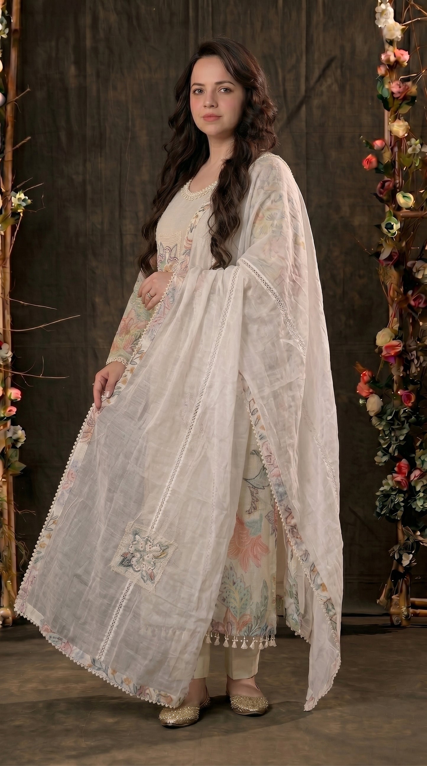 Luxury Ivory Designer Mull Cotton Suit with Floral Printed Dupatta