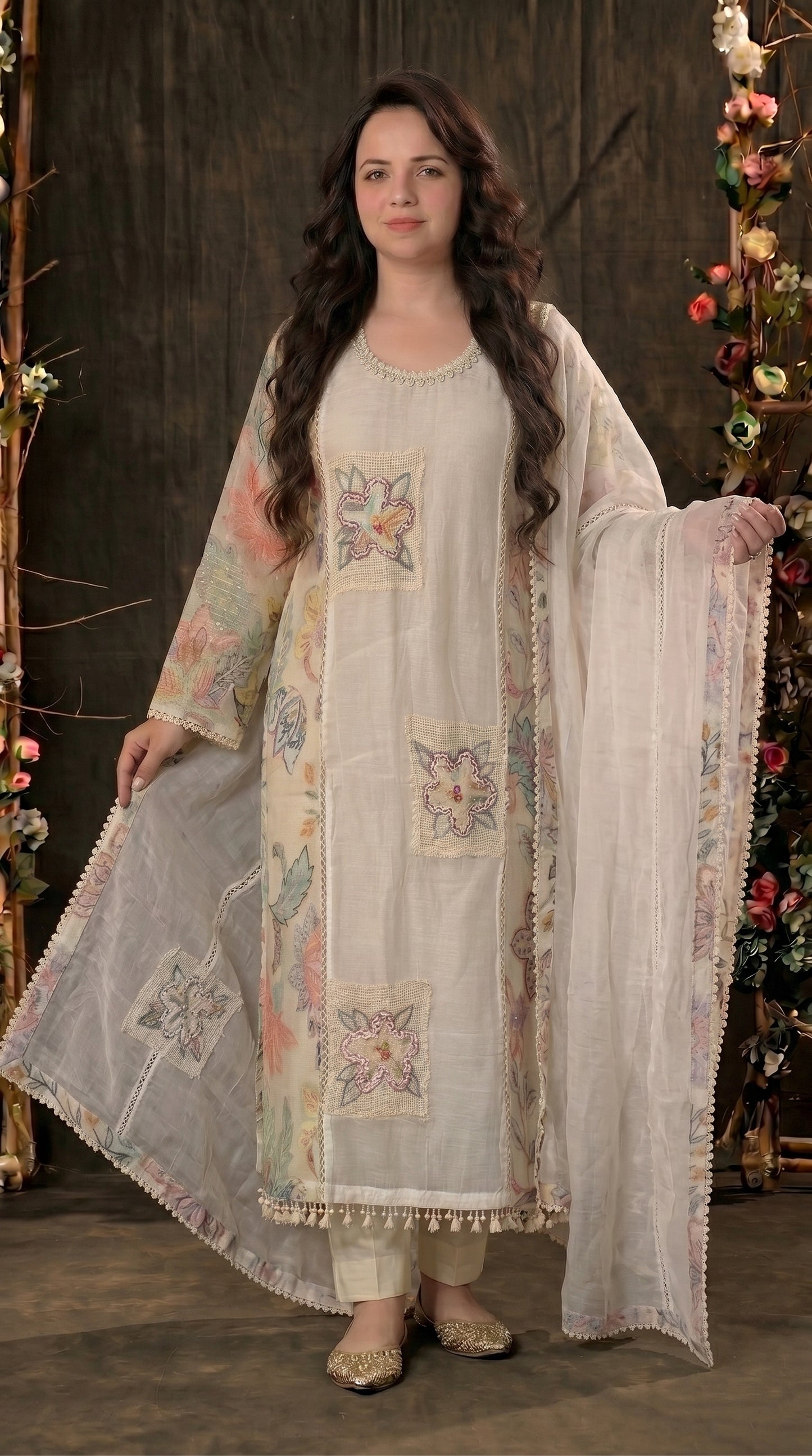 Luxury Ivory Designer Mull Cotton Suit with Floral Printed Dupatta