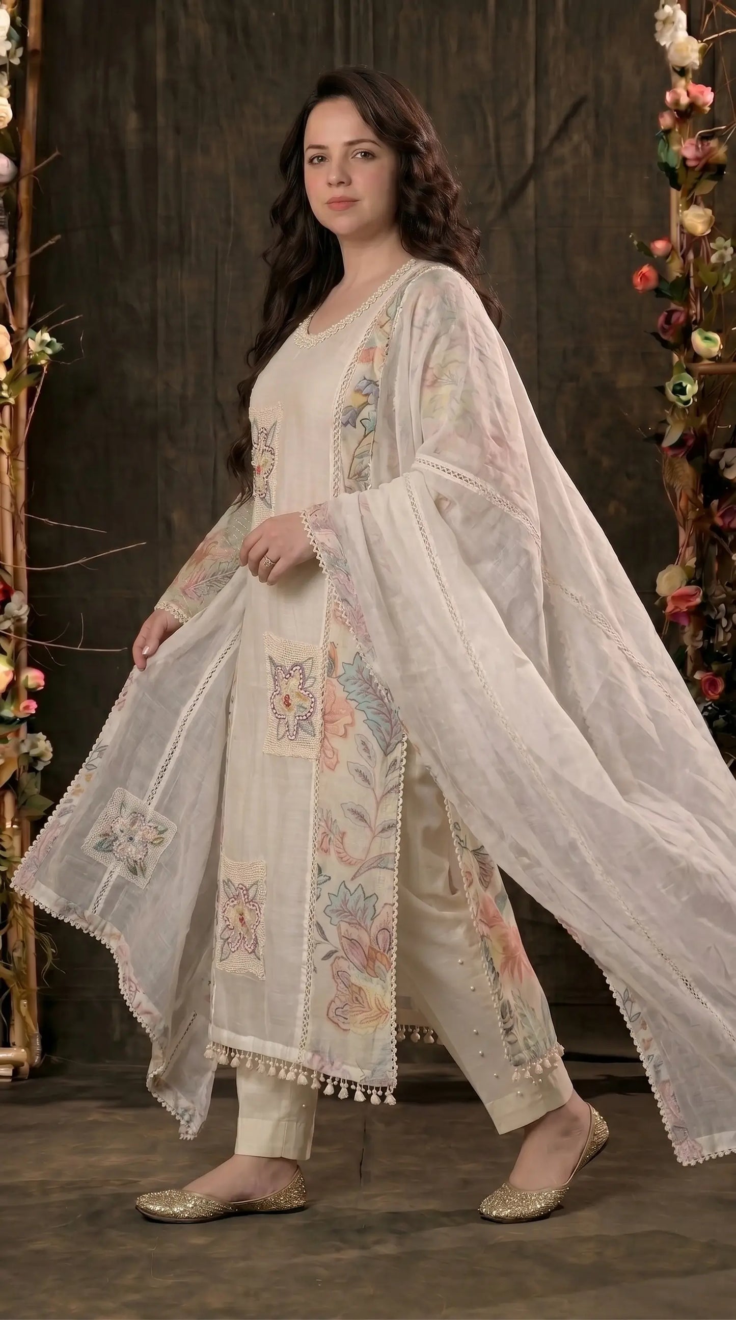Luxury Designer Mull Cotton Suit with Floral Printed Dupatta