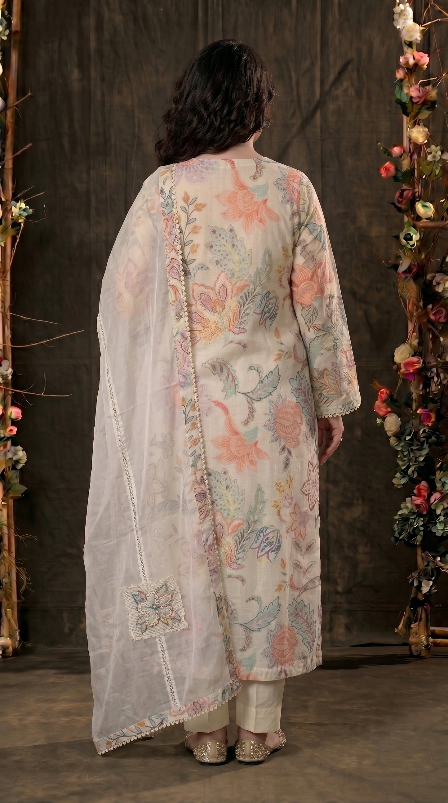 Luxury Ivory Designer Mull Cotton Suit with Floral Printed Dupatta