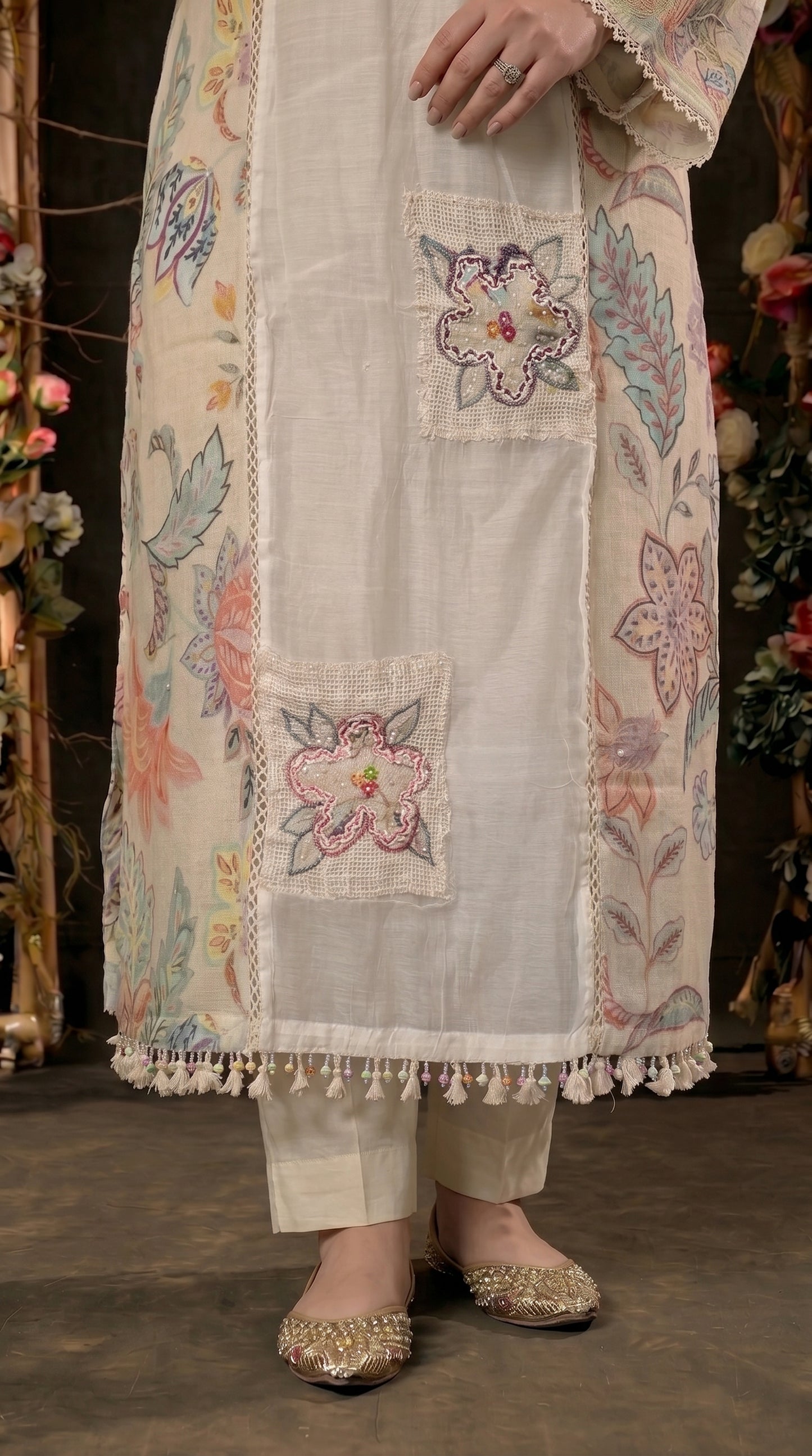 Luxury Ivory Designer Mull Cotton Suit with Floral Printed Dupatta