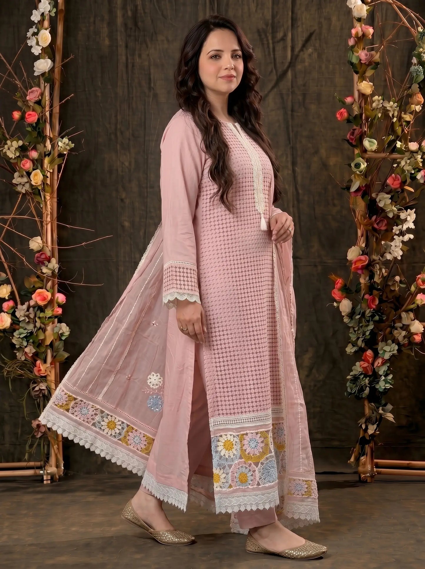 Blush Pink Crochet Embroidered Pakistani Jute Mull Suit