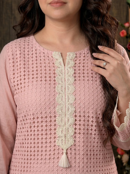 Blush Pink Crochet Embroidered Pakistani Jute Mull Suit