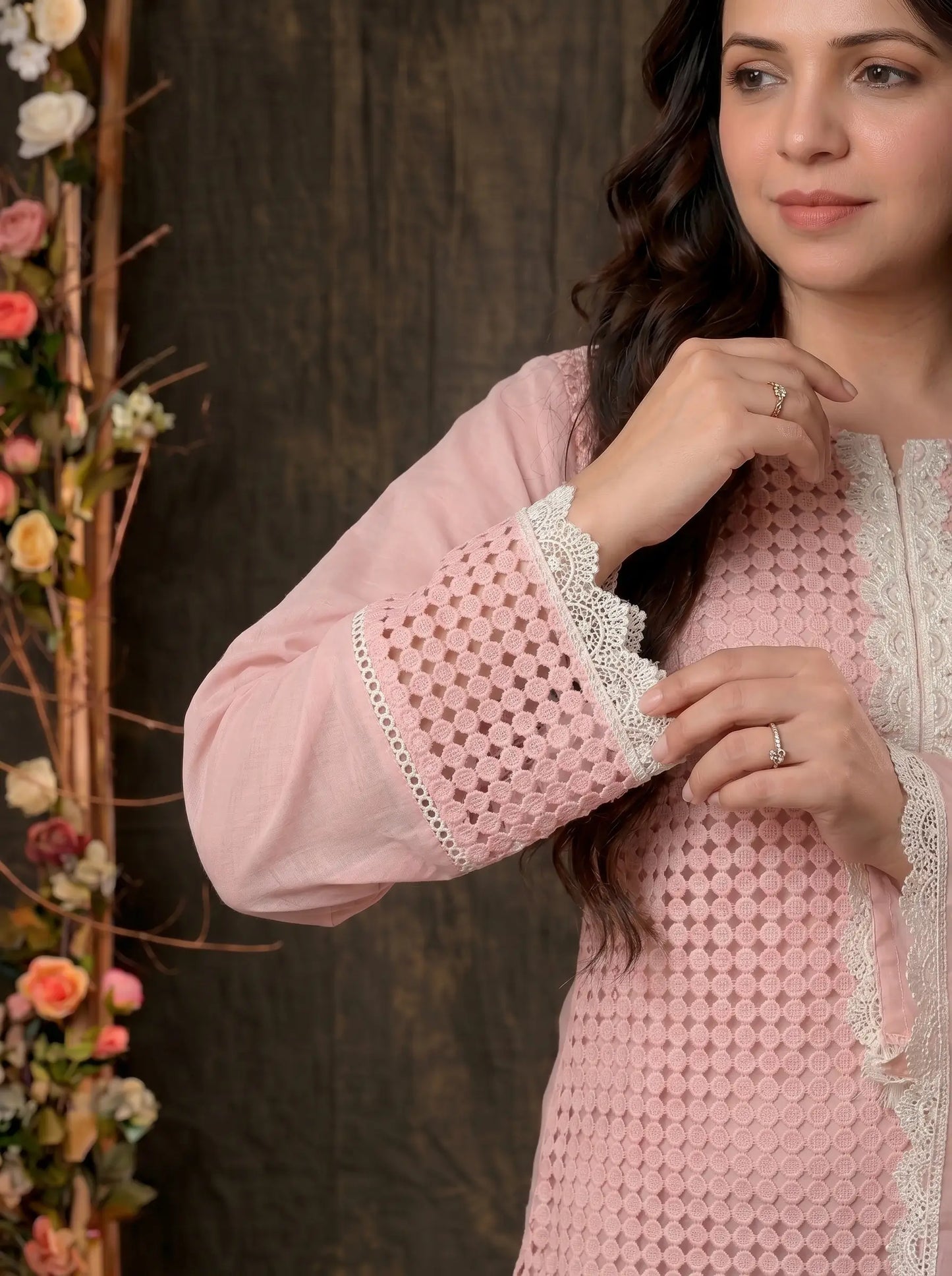 Blush Pink Crochet Embroidered Pakistani Jute Mull Suit