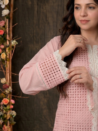 Blush Pink Crochet Embroidered Pakistani Jute Mull Suit