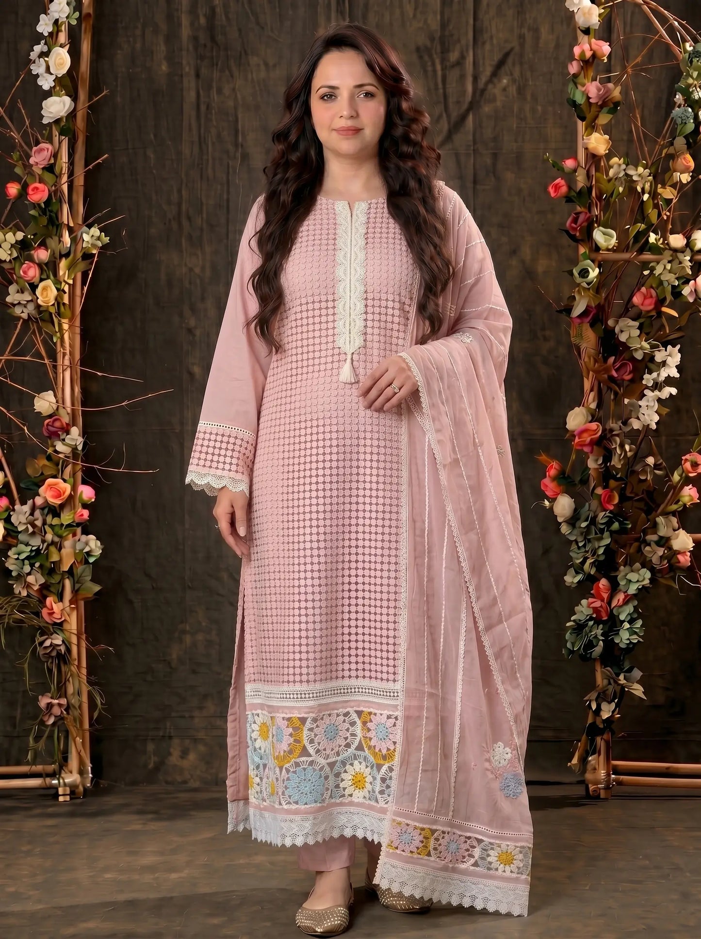 Blush Pink Crochet Embroidered Pakistani Jute Mull Suit