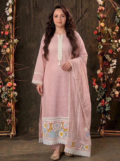 Blush Pink Crochet Embroidered Pakistani Jute Mull Suit