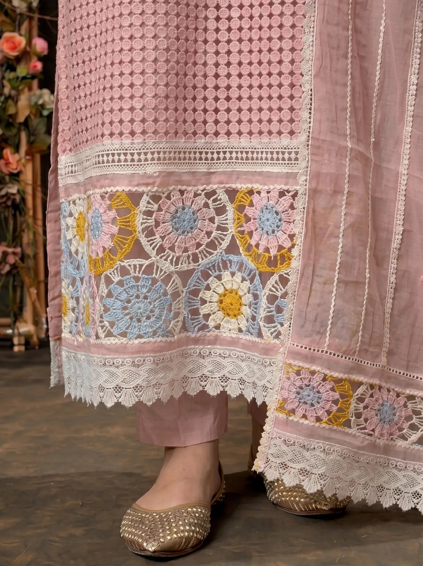 Blush Pink Crochet Embroidered Pakistani Jute Mull Suit