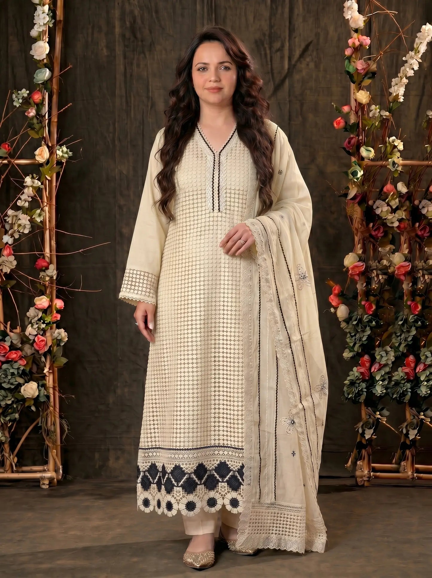 Designer Light Yellow Pakistani Zut Mull Cotton Suit with Elegant Black Detailing