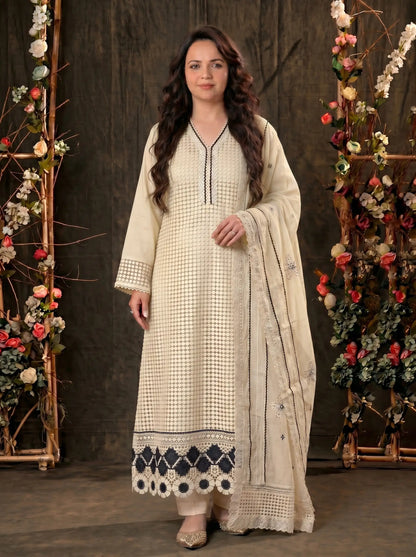 Designer Light Yellow Pakistani Zut Mull Cotton Suit with Elegant Black Detailing