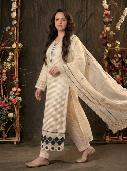 Designer Light Yellow Pakistani Zut Mull Cotton Suit with Elegant Black Detailing