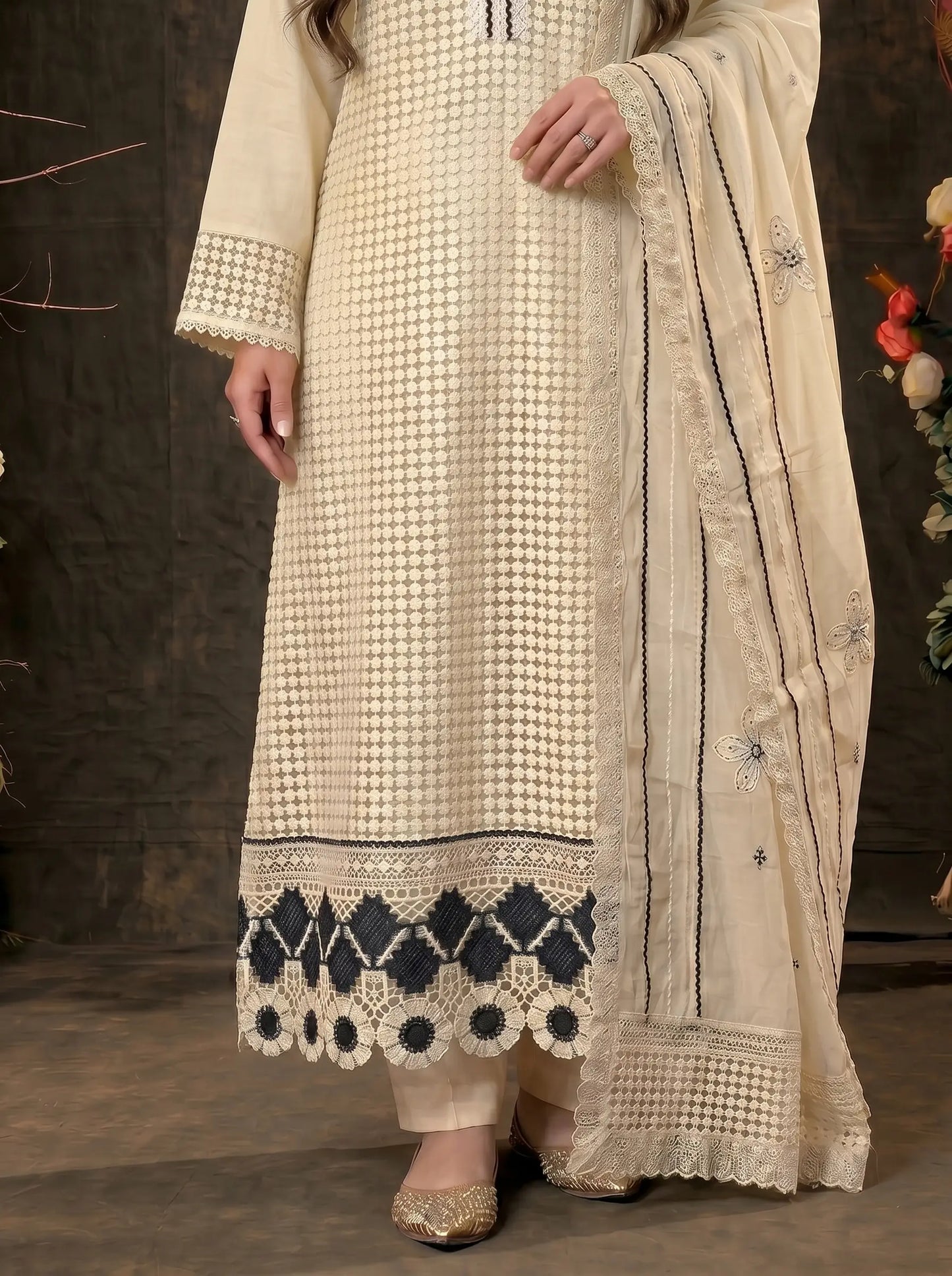 Designer Light Yellow Pakistani Zut Mull Cotton Suit with Elegant Black Detailing