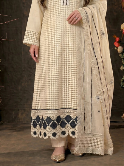 Designer Light Yellow Pakistani Zut Mull Cotton Suit with Elegant Black Detailing