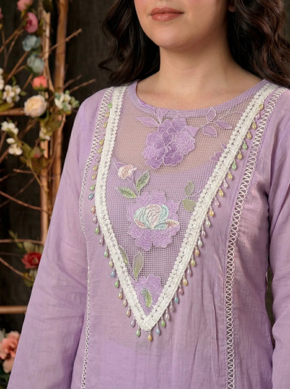 Floral Ethnic Lavender Mull Cotton Suit with Embroidered Designer Dupatta