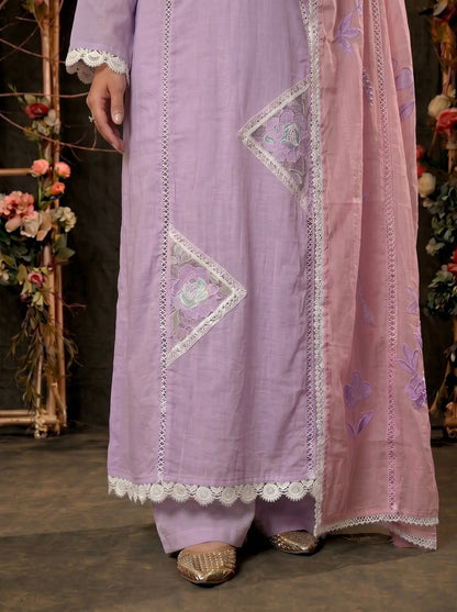 Floral Ethnic Lavender Mull Cotton Suit with Embroidered Designer Dupatta