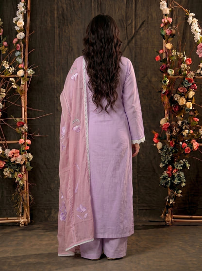Floral Ethnic Lavender Mull Cotton Suit with Embroidered Designer Dupatta