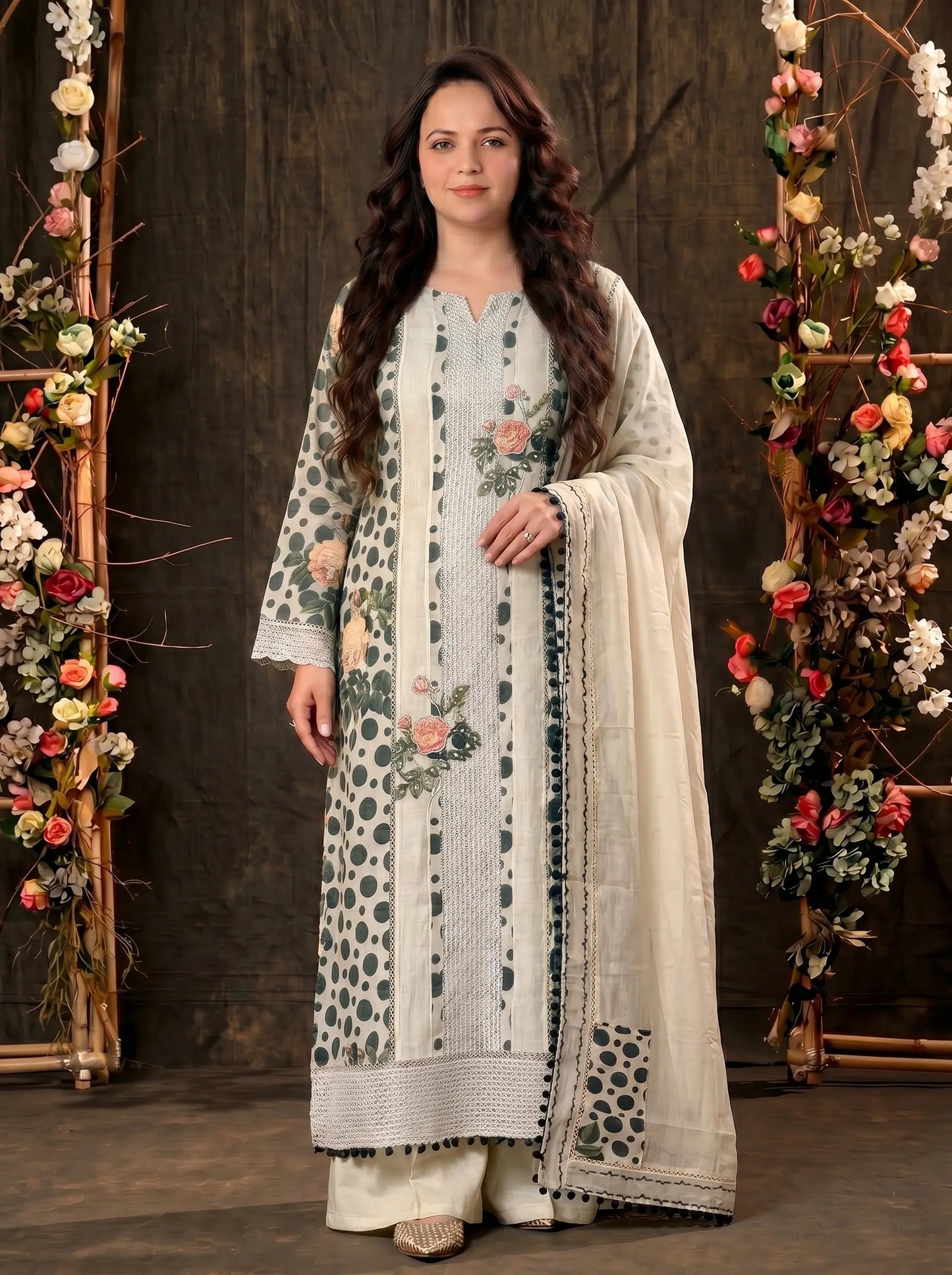 Premium Designer Linen Cotton Pakistani Suit with Floral Print & Lace Work