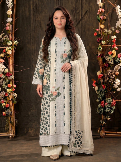 Premium Designer Linen Cotton Pakistani Suit with Floral Print & Lace Work