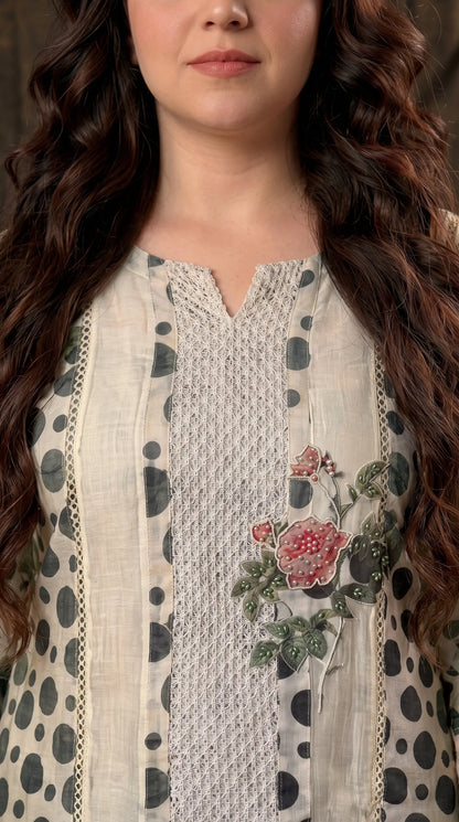Premium Designer Linen Cotton Pakistani Suit with Floral Print & Lace Work