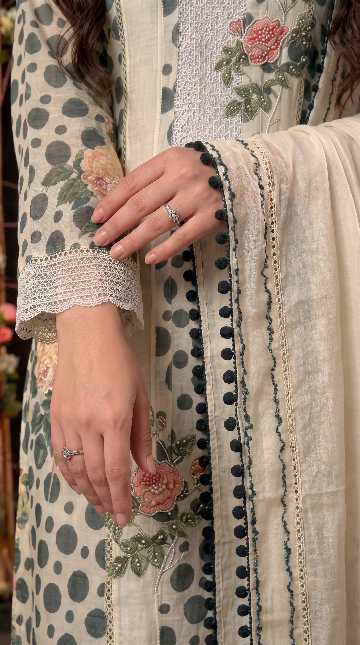 Premium Designer Linen Cotton Pakistani Suit with Floral Print & Lace Work