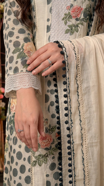 Premium Designer Linen Cotton Pakistani Suit with Floral Print & Lace Work