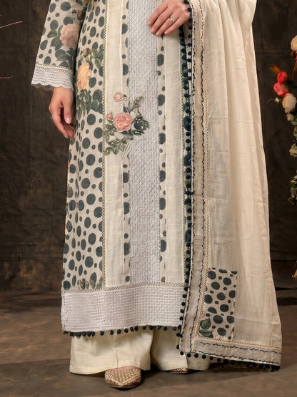 Premium Designer Linen Cotton Pakistani Suit with Floral Print & Lace Work