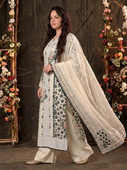 Premium Designer Linen Cotton Pakistani Suit with Floral Print & Lace Work