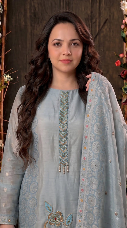 Premium Designer Sky Blue Banarsi Suit with Floral Bead & Sequin Work