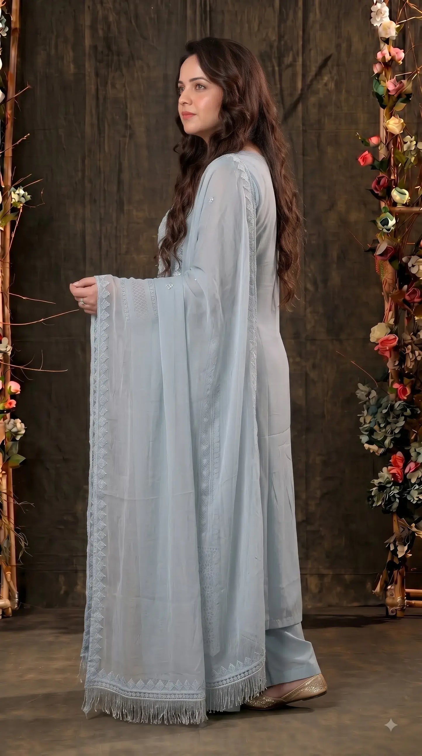 Premium Designer Ice Blue Suit in Soft Organza Fabric