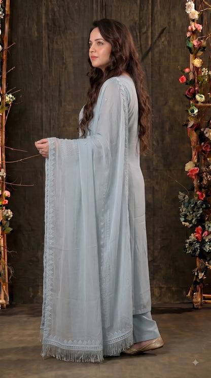 Premium Designer Ice Blue Suit in Soft Organza Fabric