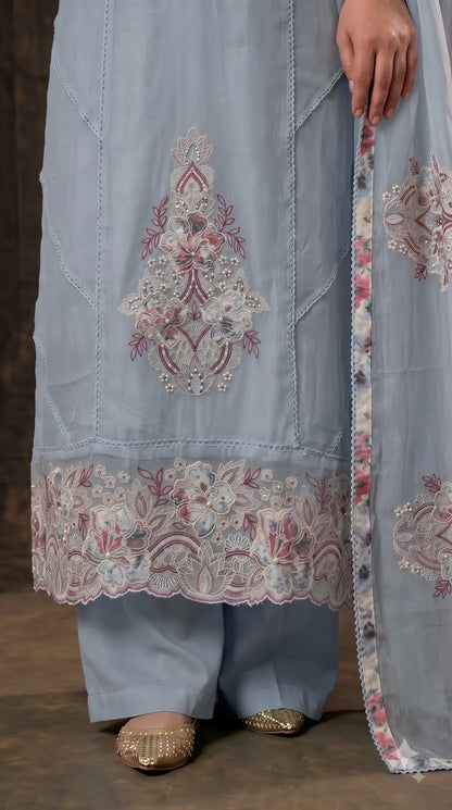 Premium Cotton Designer Sky Blue Floral Embroidered Suit with Pearl Handwork