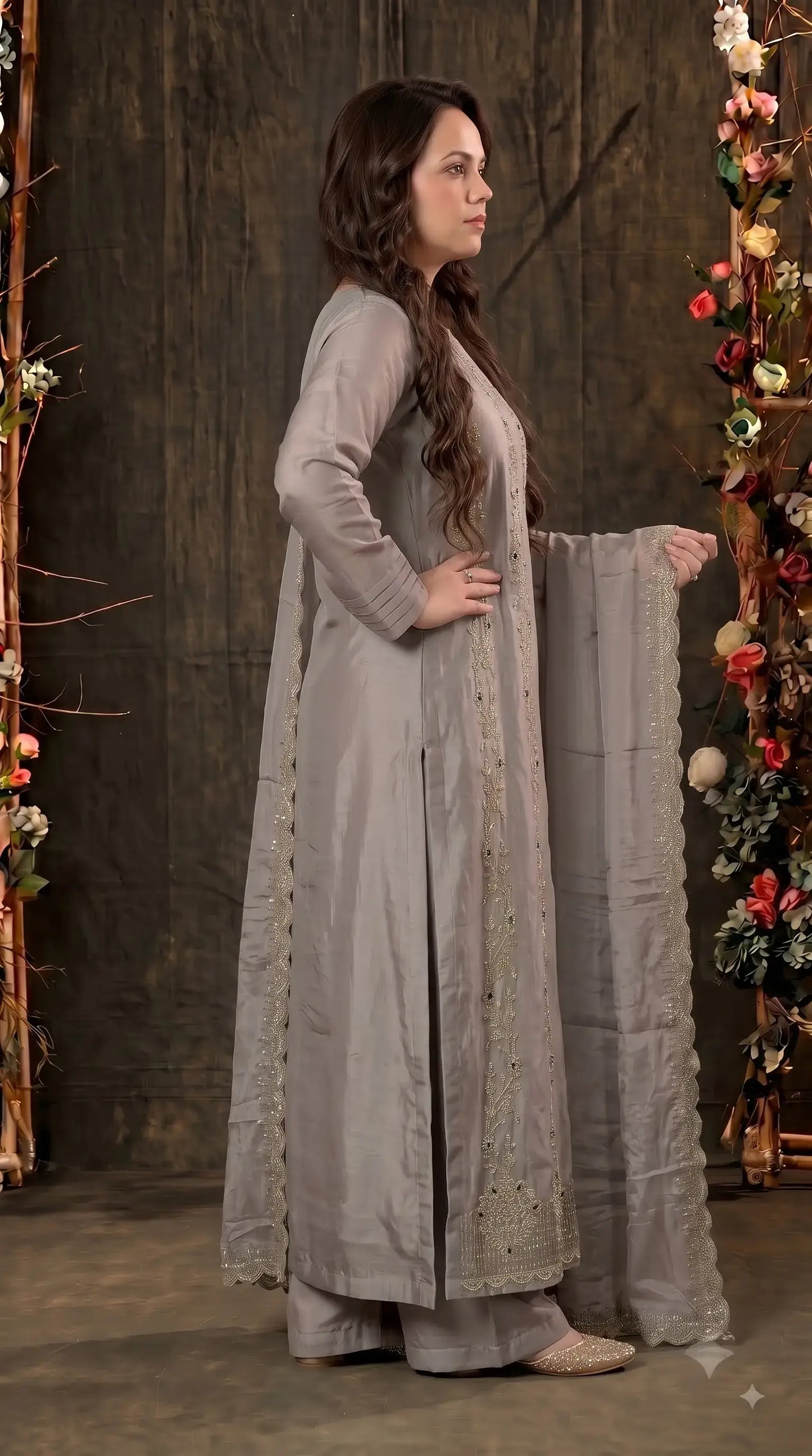 Premium Designer Misty Mauve Soft Tissue Suit with Elegant Stone Work