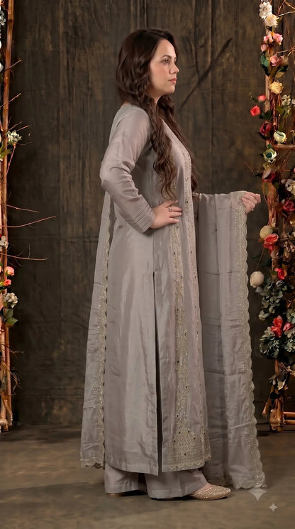 Premium Designer Misty Mauve Soft Tissue Suit with Elegant Stone Work