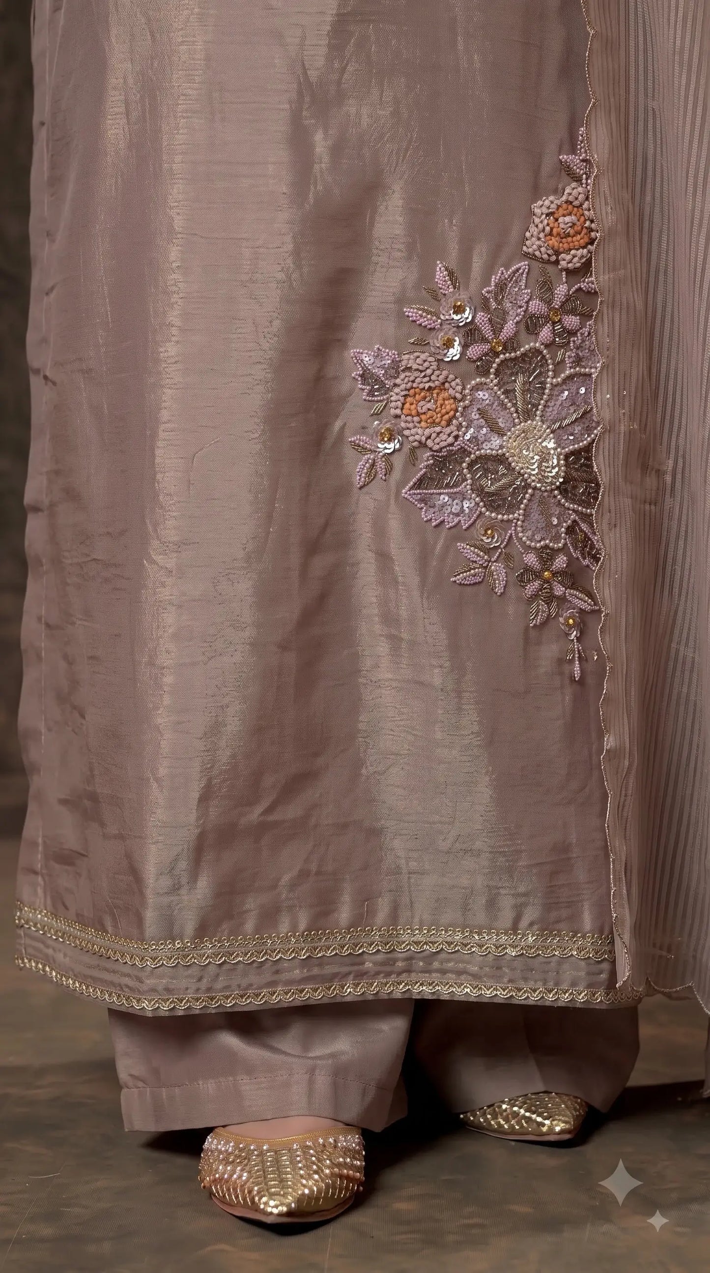 Premium Designer Mocha Taupe Organza Suit with 3D Floral Bead & Sequin Work