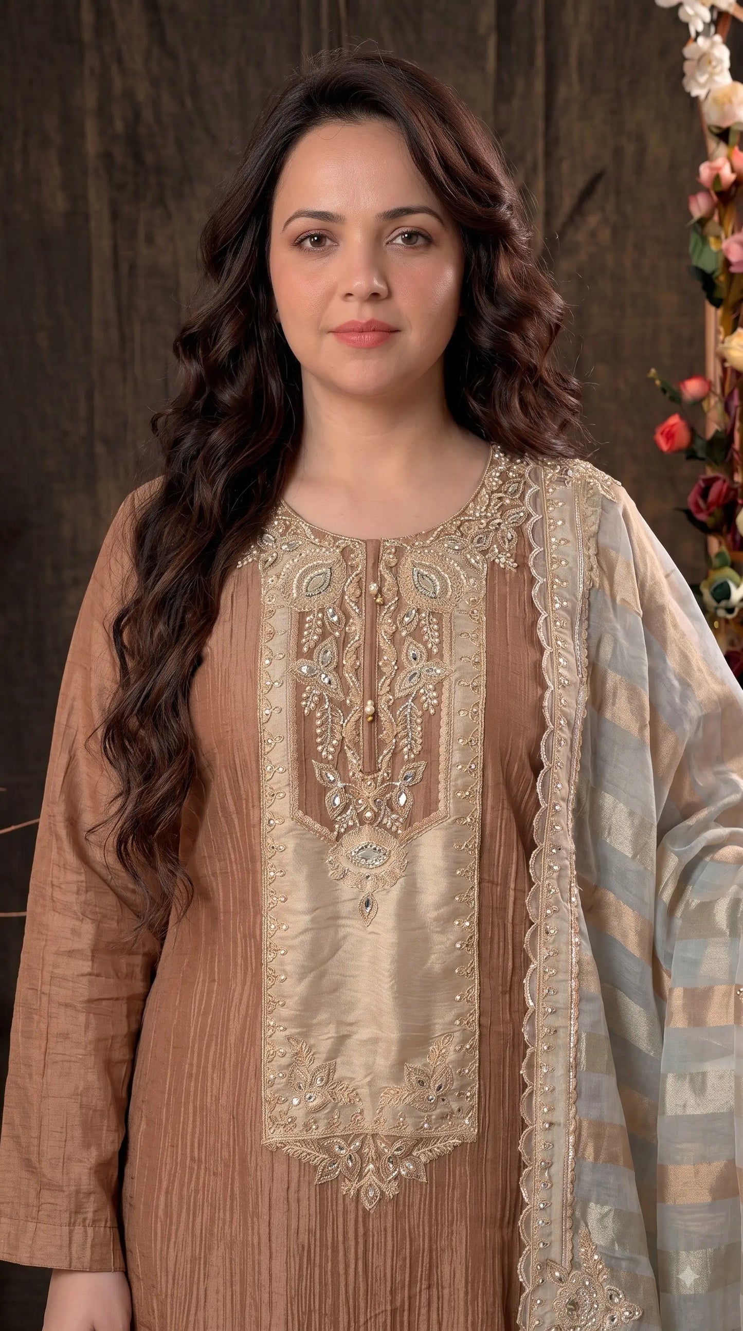 Premium Designer Caramel Bronze Soft Crush Suit with Pearl, Sequin & Intricate Embroidery Work