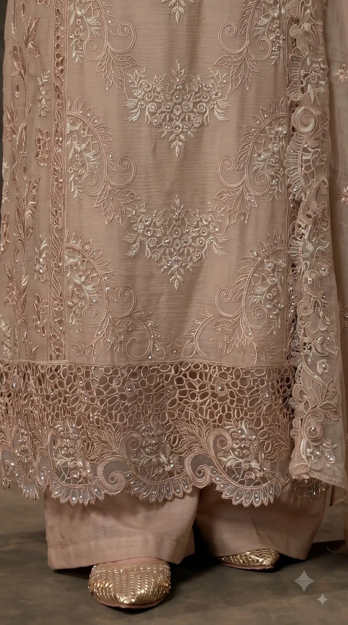 Premium Designer Taupe Beige Marble Chiffon Suit with Cutwork Embroidery & Swarovski Work