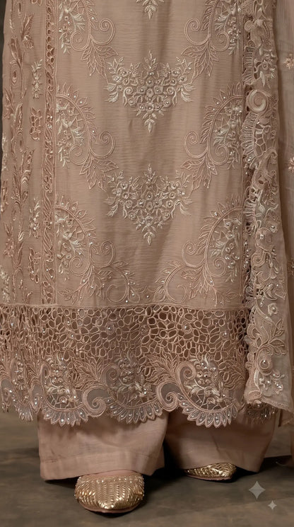 Premium Designer Taupe Beige Marble Chiffon Suit with Cutwork Embroidery & Swarovski Work