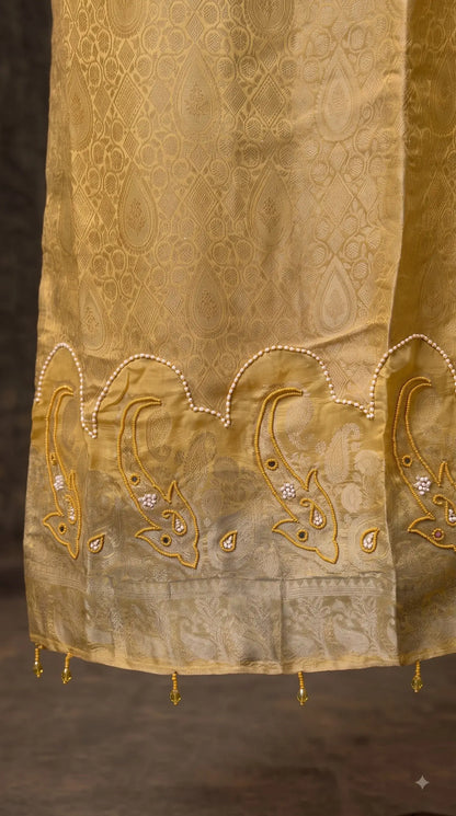 Pakistani Designer Yellow Shade Soft Tissue Suit with Bead & Paisley