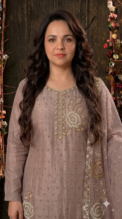 Premium Dusty Mauve Taupe Soft Tissue Designer Suit with Pearl Work