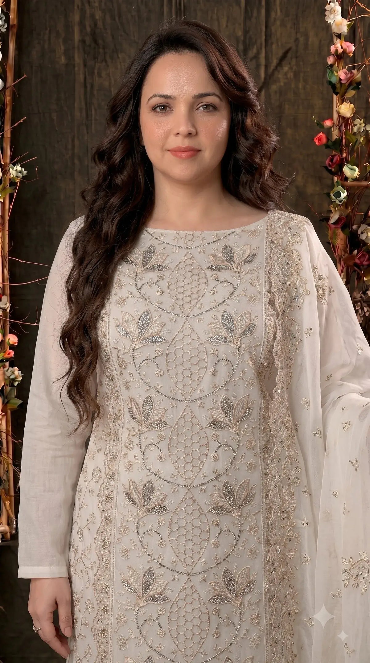 Premium Designer White Marble Chiffon Suit with Intricate Cutwork, Crystal & Floral Embroidery
