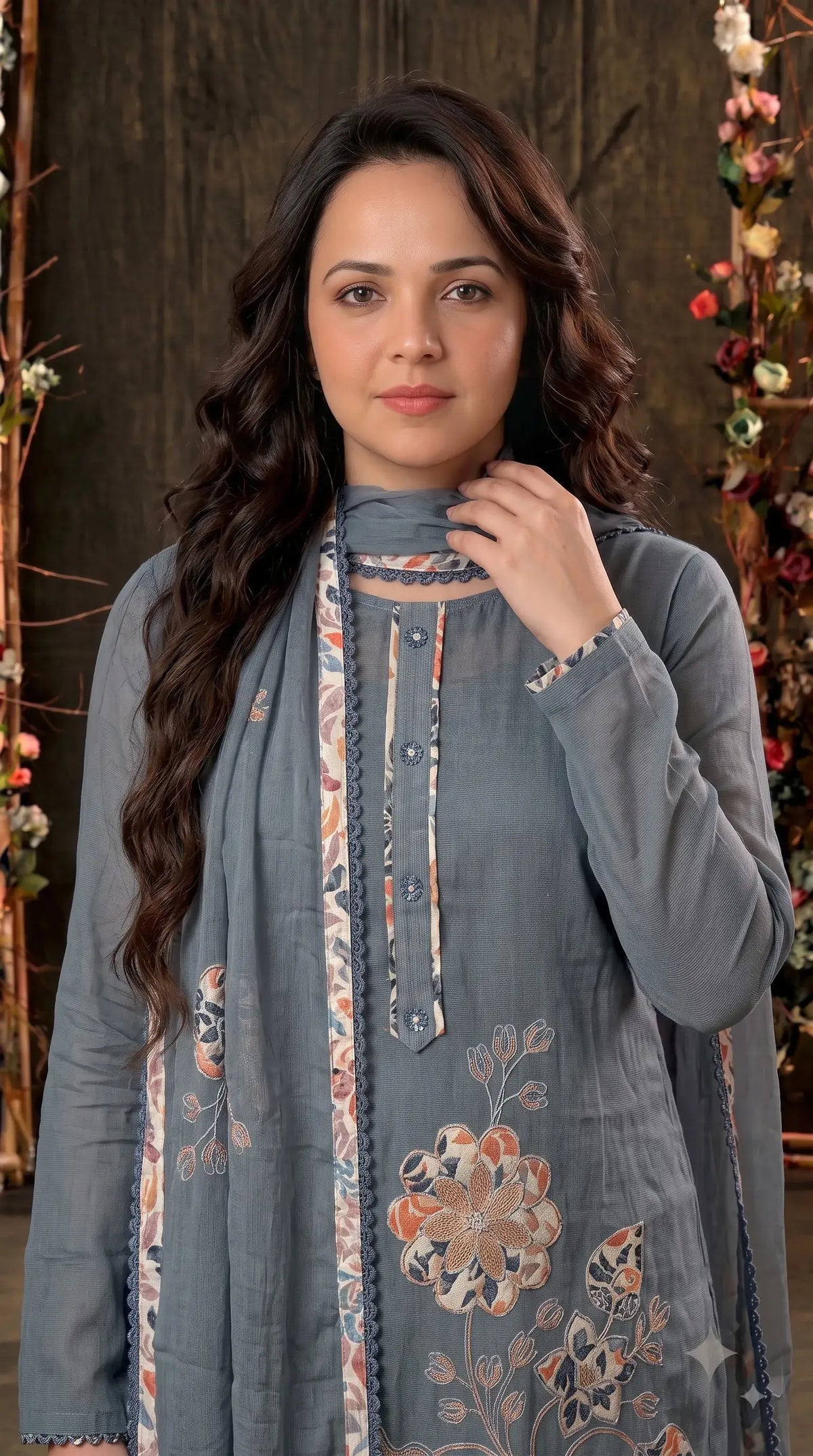 Premium Slate Blue Soft Cotton Suit with Floral Appliqué, Thread & Pearl Work