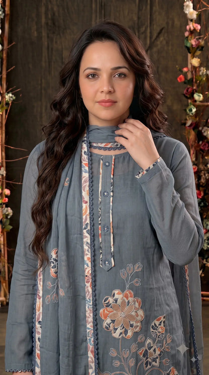 Premium Slate Blue Soft Cotton Suit with Floral Appliqué, Thread & Pearl Work