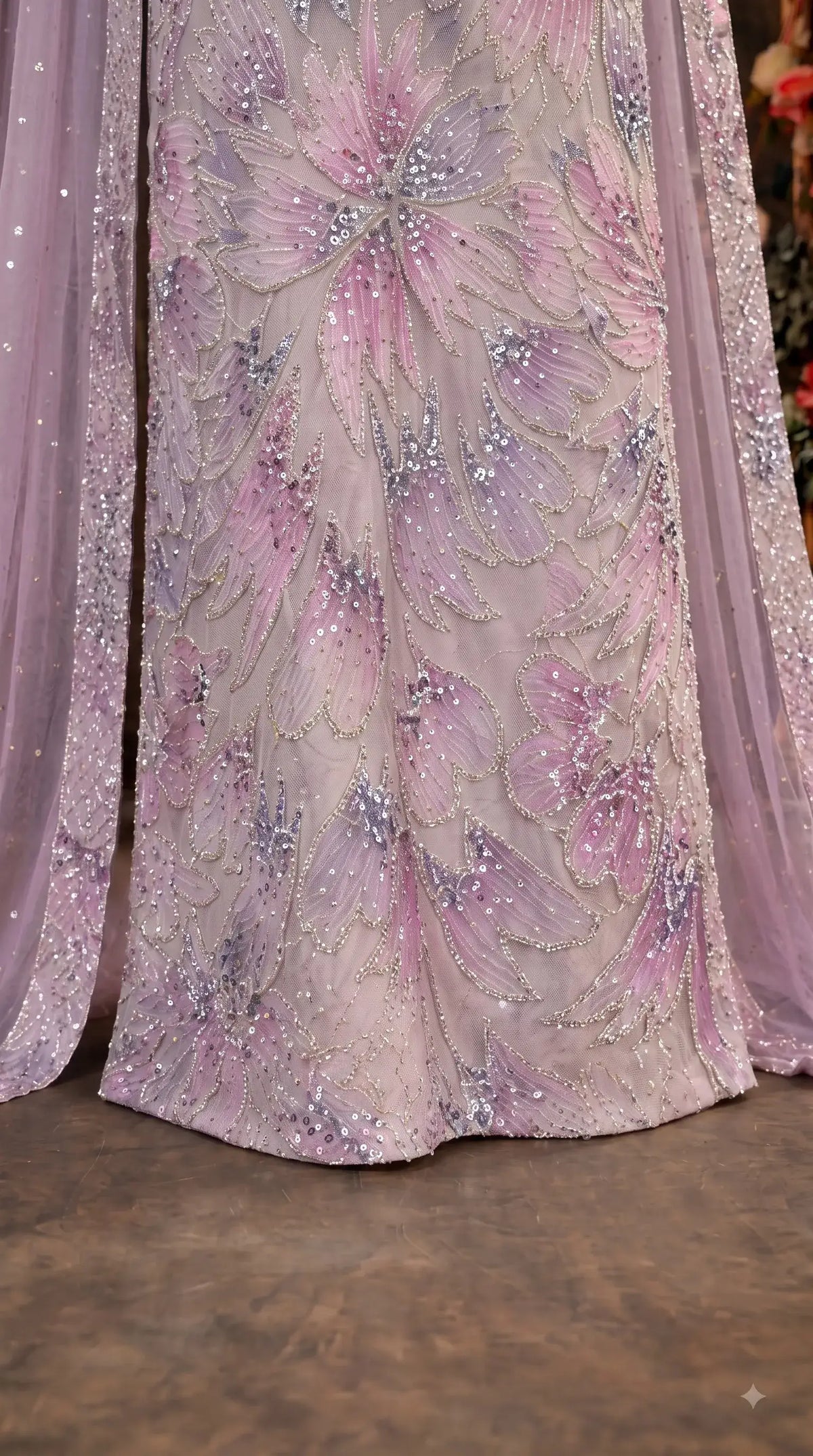 Premium Lavender Organza Pakistani Designer Suit with Cutdana, Pearl, Sequin & Ribbon Handwork
