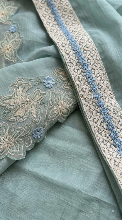 Pakistani Designer Soft Sage Green Pure Cotton Suit with Floral Embroidery, Lace & Pearl Detailing