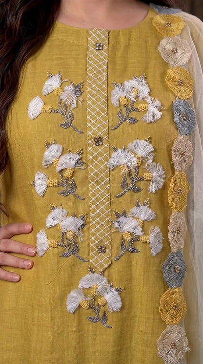 Pakistani Designer Mustard Yellow Pure Handloom Cotton Suit with 3D Floral Handwork, Thread & Pearl Detailing