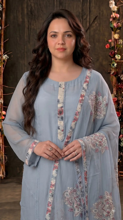 Premium Cotton Designer Sky Blue Floral Embroidered Suit with Pearl Handwork