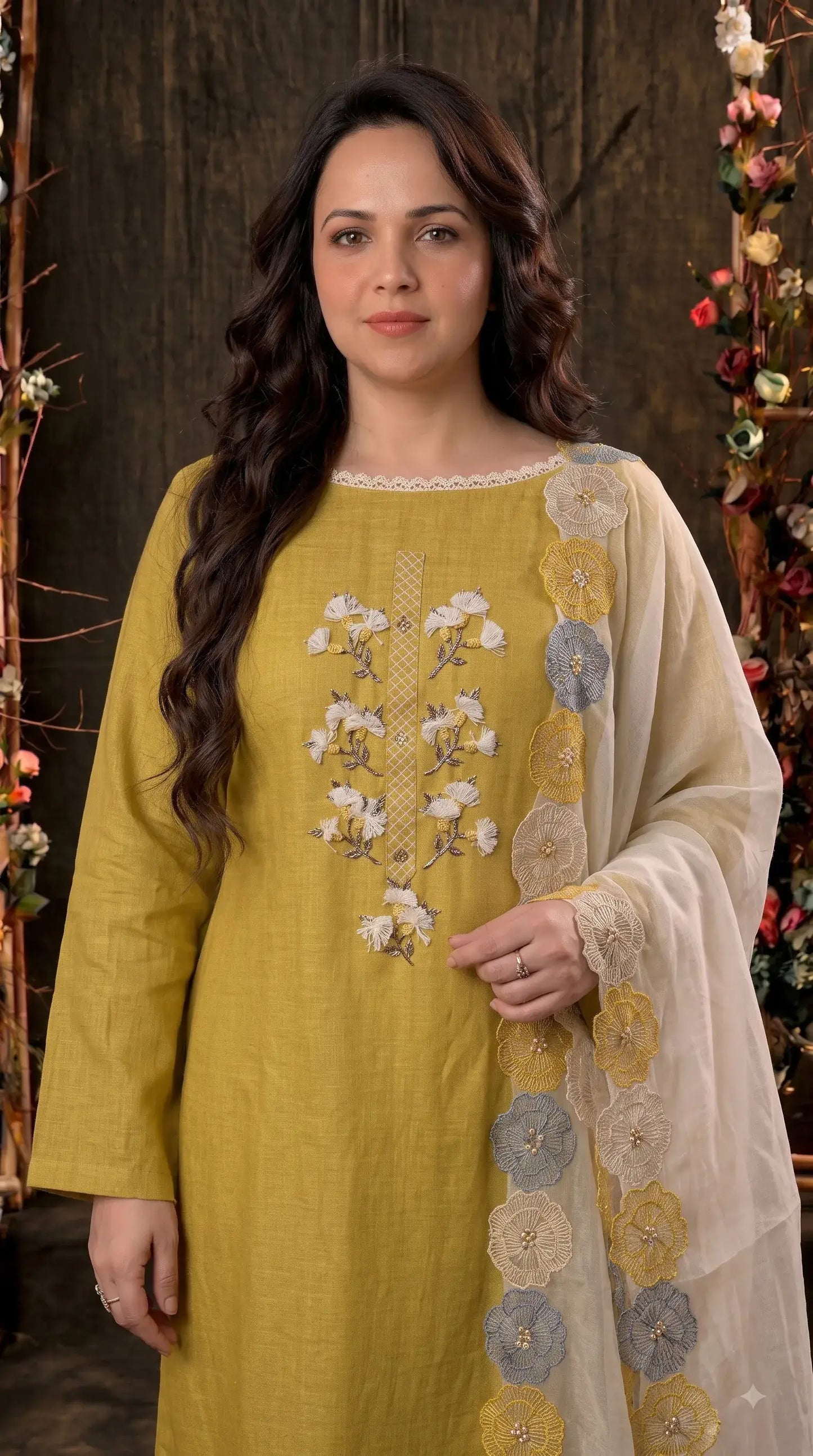 Premium Designer Mustard Yellow Soft Cotton Suit with Floral Bead & Sequin Work