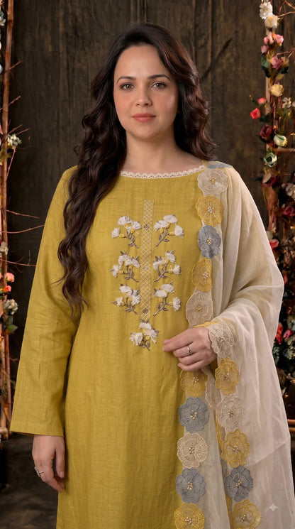 Premium Designer Mustard Yellow Soft Cotton Suit with Floral Bead & Sequin Work